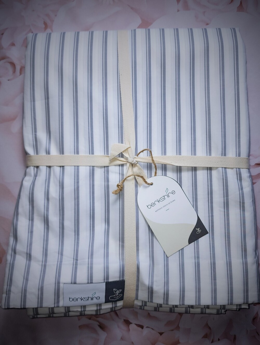 NEW! Berkshire 100% Organic Percale Cotton Duvet Set Full/Queen - Grey Stripes